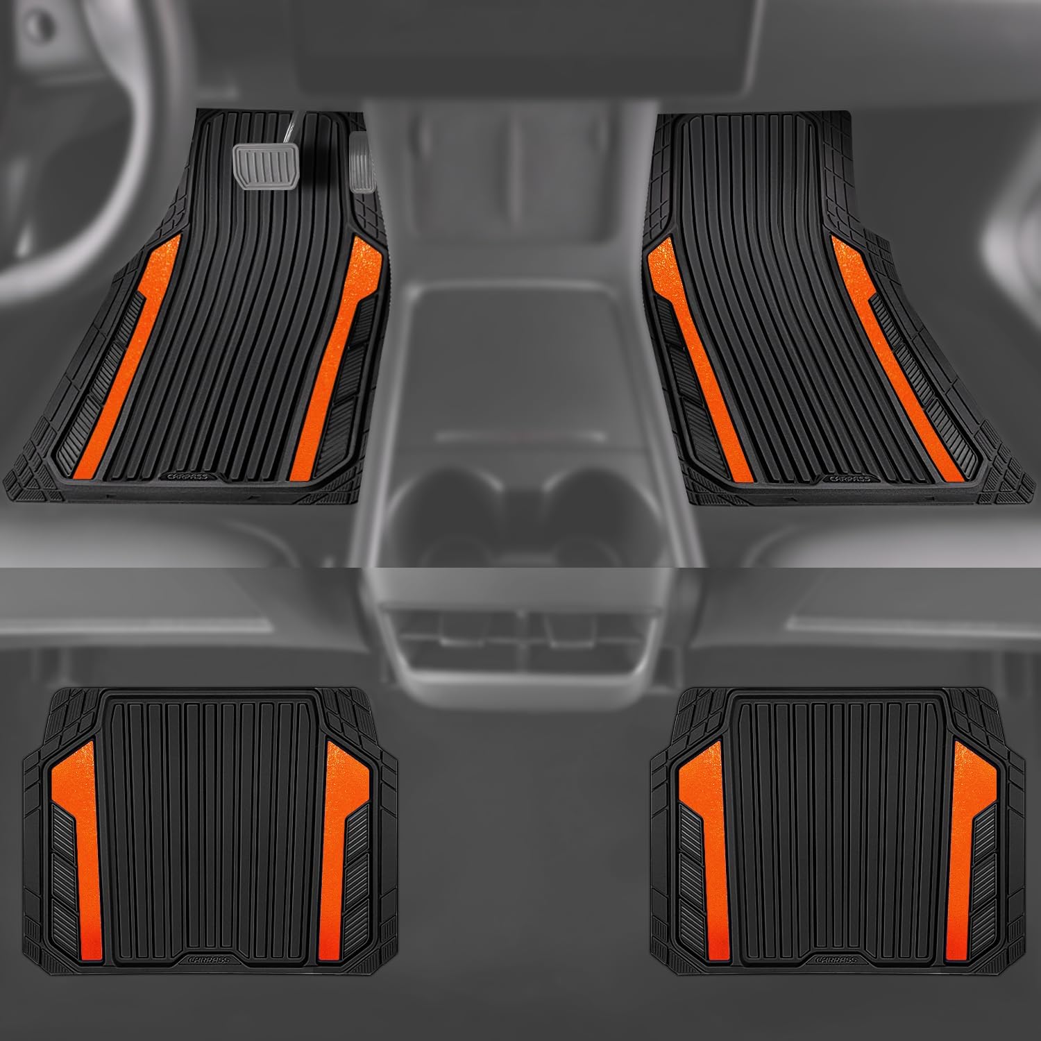 CAR PASS Heavy Duty Rubber Car Mats Metallic, Aluminum Film All Weather Floor Mats Waterproof Universal Trim to Fit SUVs Sedans Vans 4 Piece Anodized Deep Dish Two-Tone Sporty Black Orange Chrome