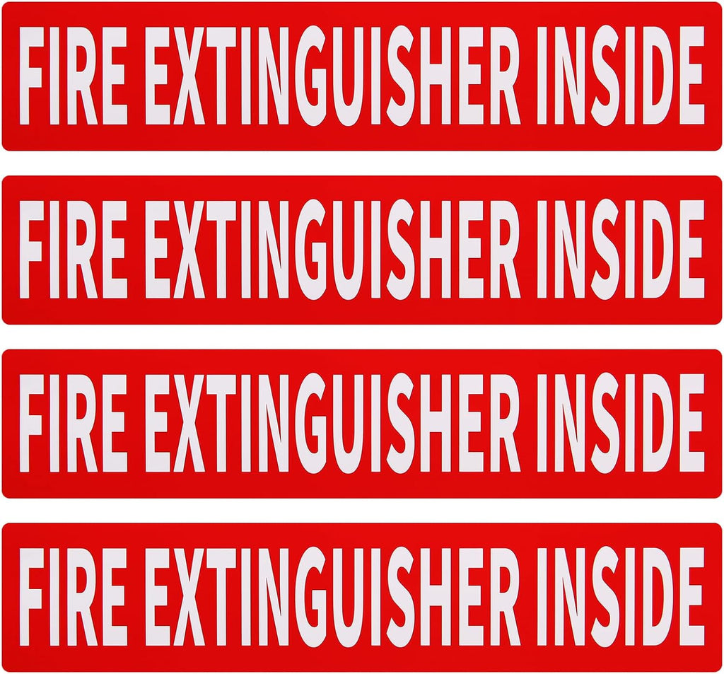 Madrigal Fire Extinguisher Inside Sticker Sign,4Pack 12x2.5" Self-Adhesive Vinyl, Weatherproof & UV Protected for Cars, Trailers, Rv's, Trucks and Vehicles, Red on White