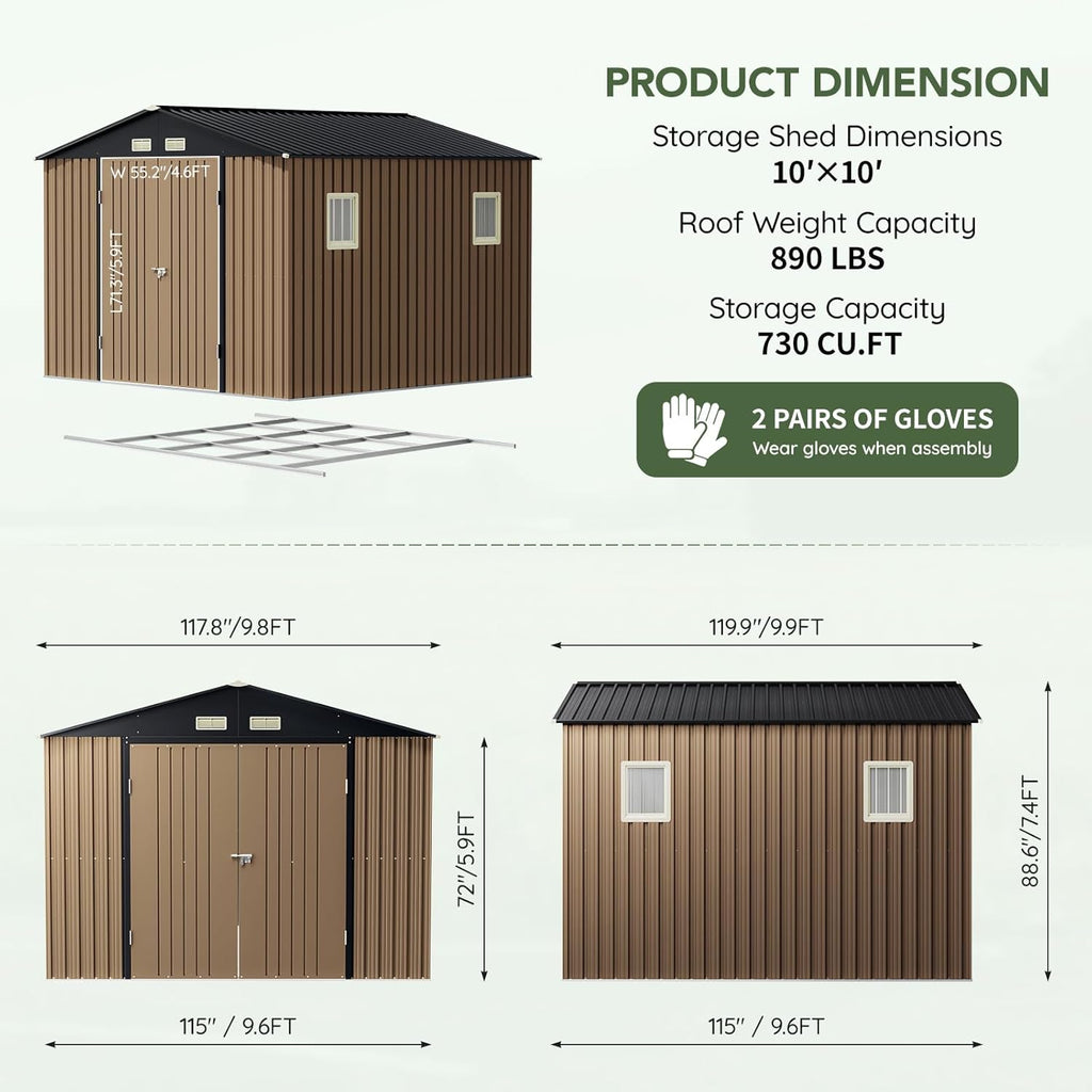 10x10 FT Outdoor Metal Storage Shed with Floor Frame, Double Swing Doors, 2 Clear Windows,Tool Shed for Garden, Patio, Backyard Brown