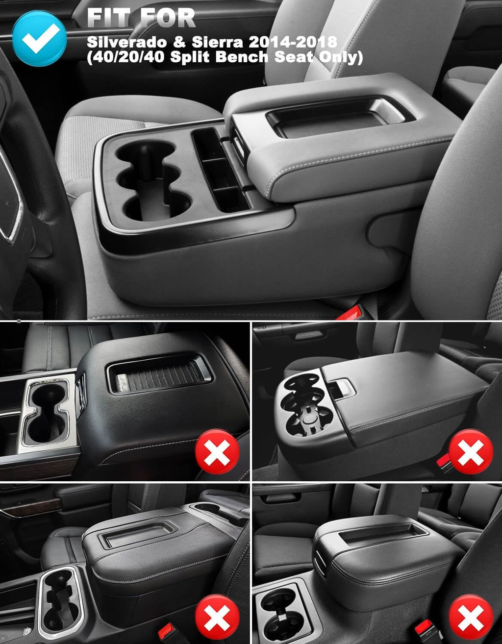 Center Console Cover for 2014-2018 Chevy Silverado & GMC Sierra 1500 2500 3500, Vinyl Leather Interior Accessories, Car Armrest Protector, Jump Seat, Anti-Scratch, Black