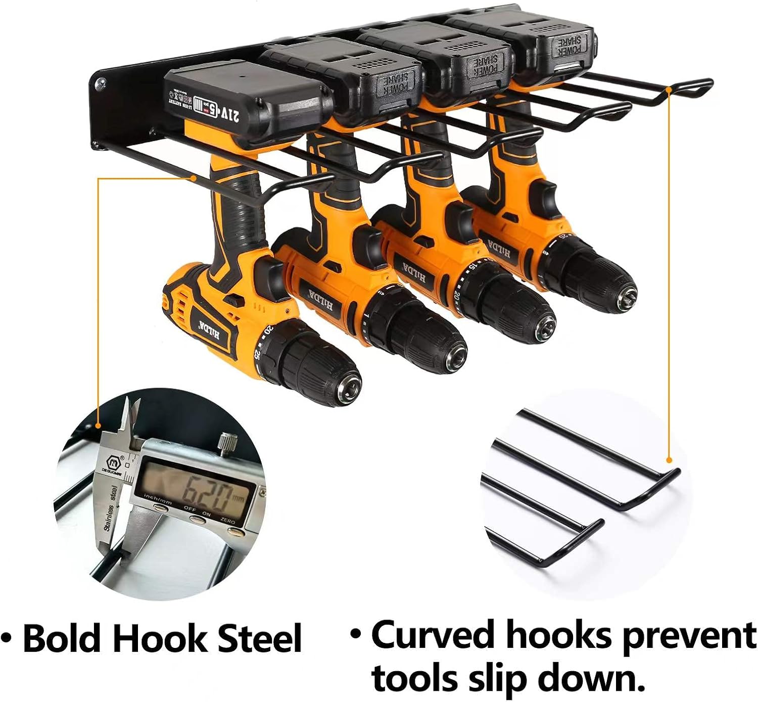 Power Tool Organizer with Charging Station, Drill Holder, Wall Mount, Garage Storage Shelves, Heavy Duty Pegboard Wall Organizer Set, Solid Metal, Black, 2 Pack, 4 Set
