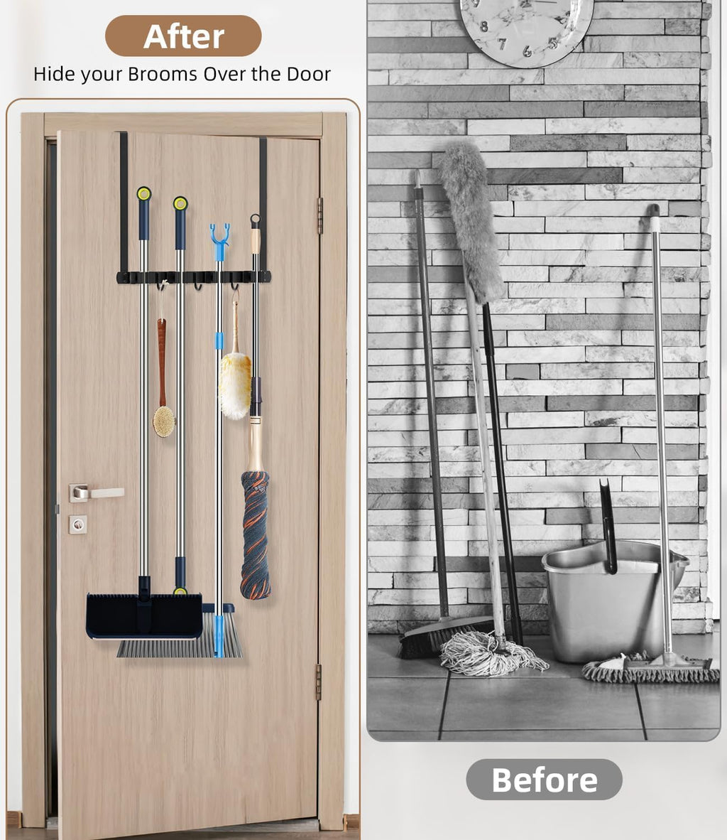 Broom Holder Over The Door 2Pack - 304 Stainless Steel Mop and Broom Hanger Wall Mounted or Hanging Over The Door with Hooks - Tool Organizer for Garage Closet Laundry Kitchen Decor