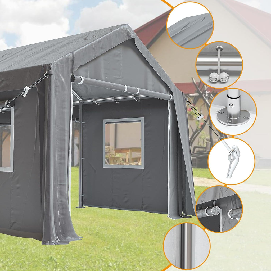 12x20ft Heavy Duty Carport Outdoor Canopy Portable Garage with 4 Doors & 4 Windows Waterproof UV Resistant Storage Shelter with Removable Sidewalls for Car Truck Boat, Gray