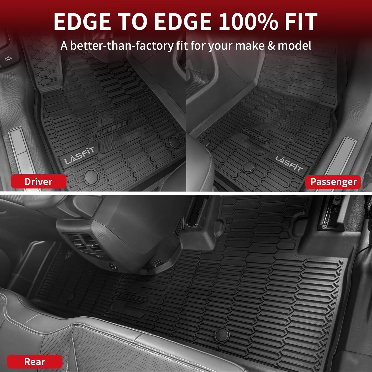 LASFIT Floor Mats and Trunk Mat for Ford Mustang Mach-E 2025 2024 2023 2022 2021 (Cargo Floor in Top Position) All Weather TPE Car Liners, 1st & 2nd Row & Cargo Liner, 4pcs Black