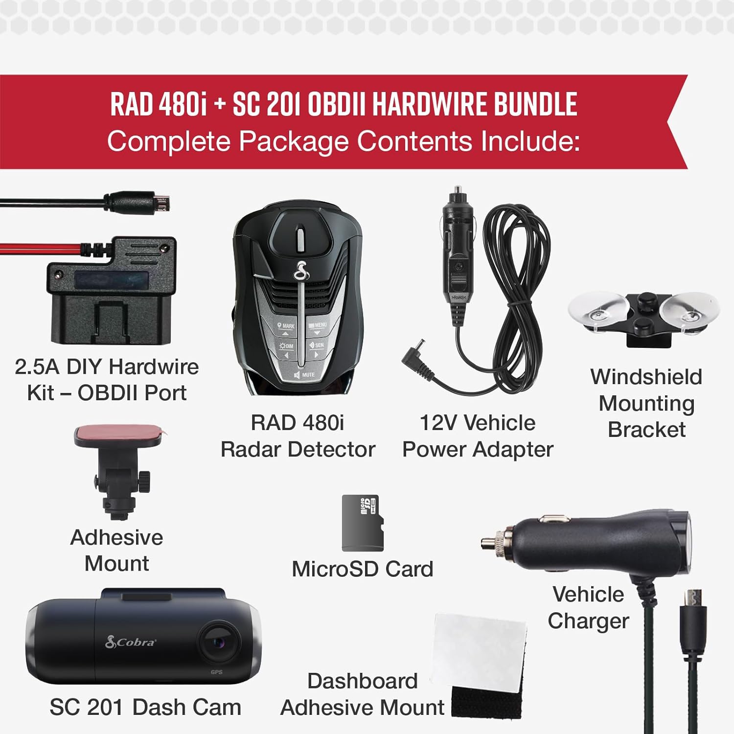 Cobra RAD 480i Radar Detector & SC 201 Smart Dash Cam + 2.5A OBD Port to Micro USB DIY Easy Hardwire Kit: Long Range Rapid Radar Detection, Full HD 1080P Video + 16GB SD Card, Built-in WiFi & GPS