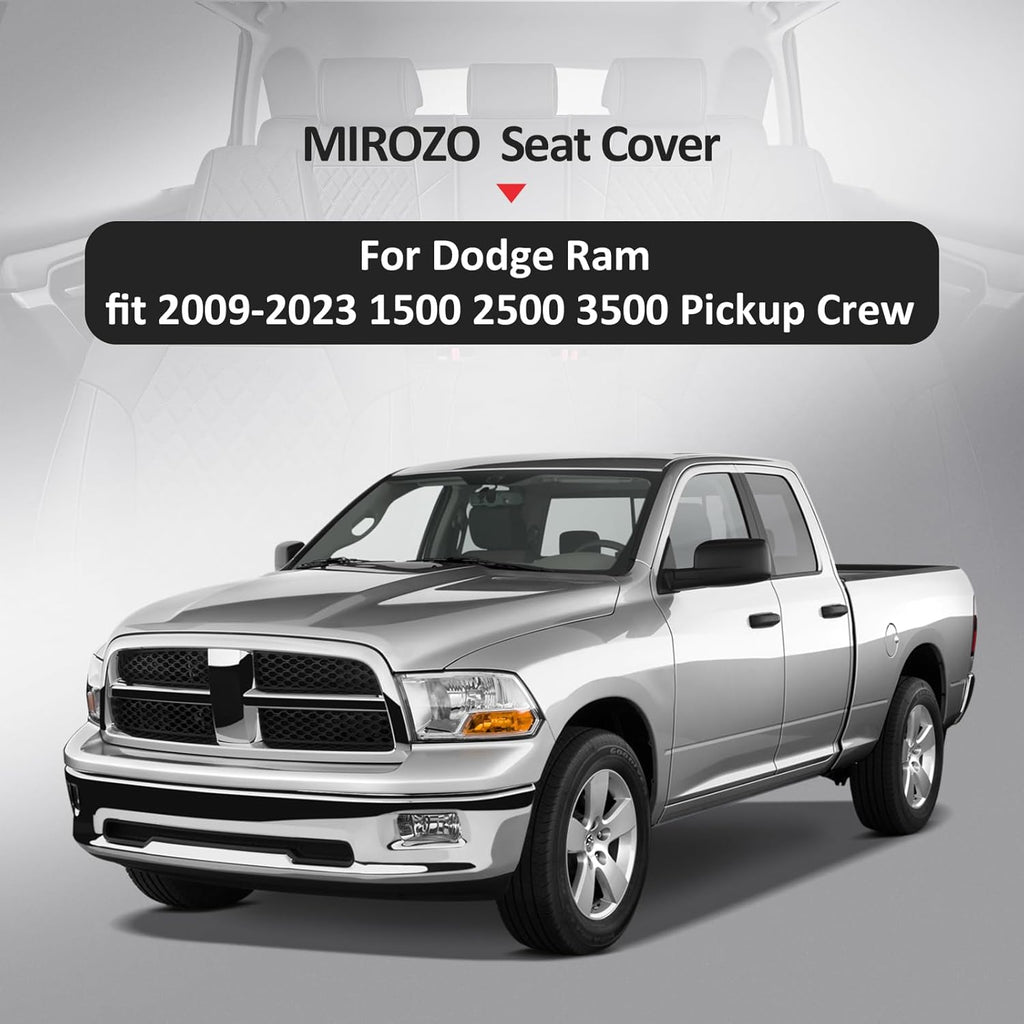 MIROZO Dodge Ram Seat Covers Full Set,5PCS Car Seat Cover Waterproof Fits for 2009-2025 Ram 1500 2500 3500 Crew Quad Regular Cab Pickup Cushions with Split Bench 40/60(Black,Full Set Flat Back)