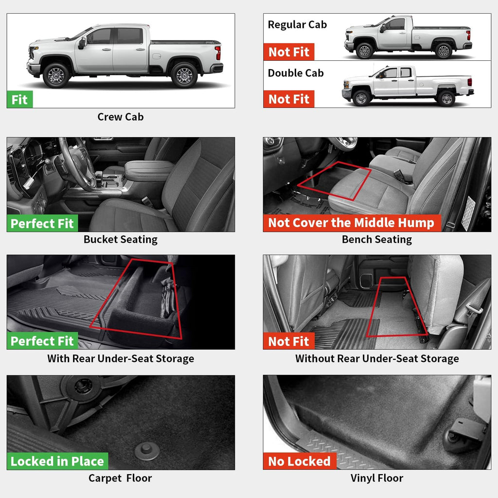 LASFIT Floor Mats 2019-2025 for Chevy Silverado/GMC Sierra 1500, 2020-2025 2500 HD/3500 HD, Crew Cab Only(Fit with Rear Under-Seat Storage, But Not Fit 2nd Row Plastic Storage) All Weather TPE Mats