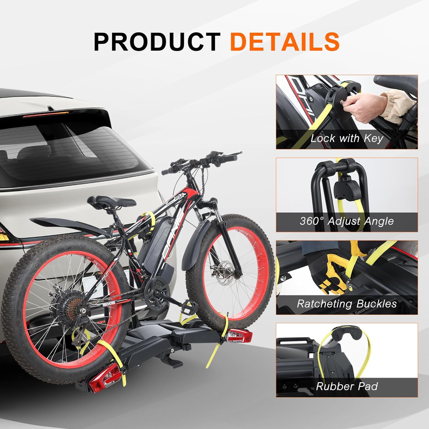 2 E-Bike Foldable Hitch Mount Bike Rack with Light for 2" Receiver SUV & Trucks, Up to 4'' Fat Tire, Lockable Hitch Racks for E-Bike with Ramp and Wheels, 180 LBS Capacity