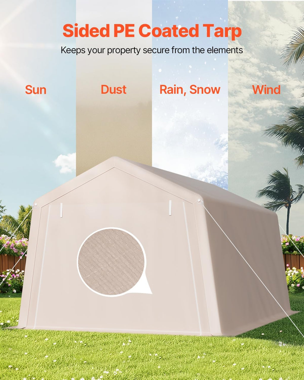 VEVOR Outdoor Storage Shed, 10 x 15 ft Portable Storage Tent with 2 Roll-up Doors & Vents, Waterproof Canopy Shed Shelter, Heavy Duty Frame, Patio Garage Carport for Motorcycle Lawn Mower, Beige