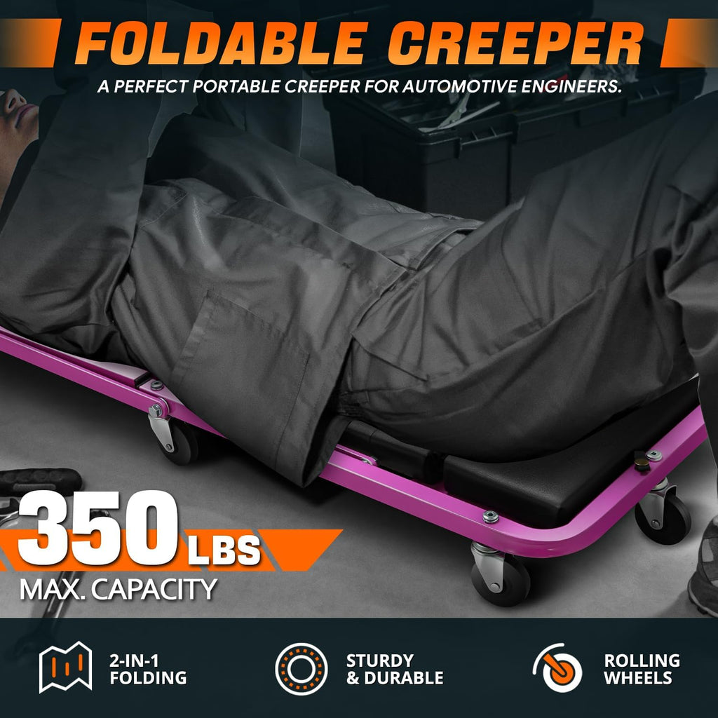 DNA MOTORING 48" 2 IN 1 Folding Rolling Garage Shop Creeper Roller Seat, 7 Pcs 2" Casters, 350 Lbs Weight Capacity, Purple, TOOLS-00193-PR