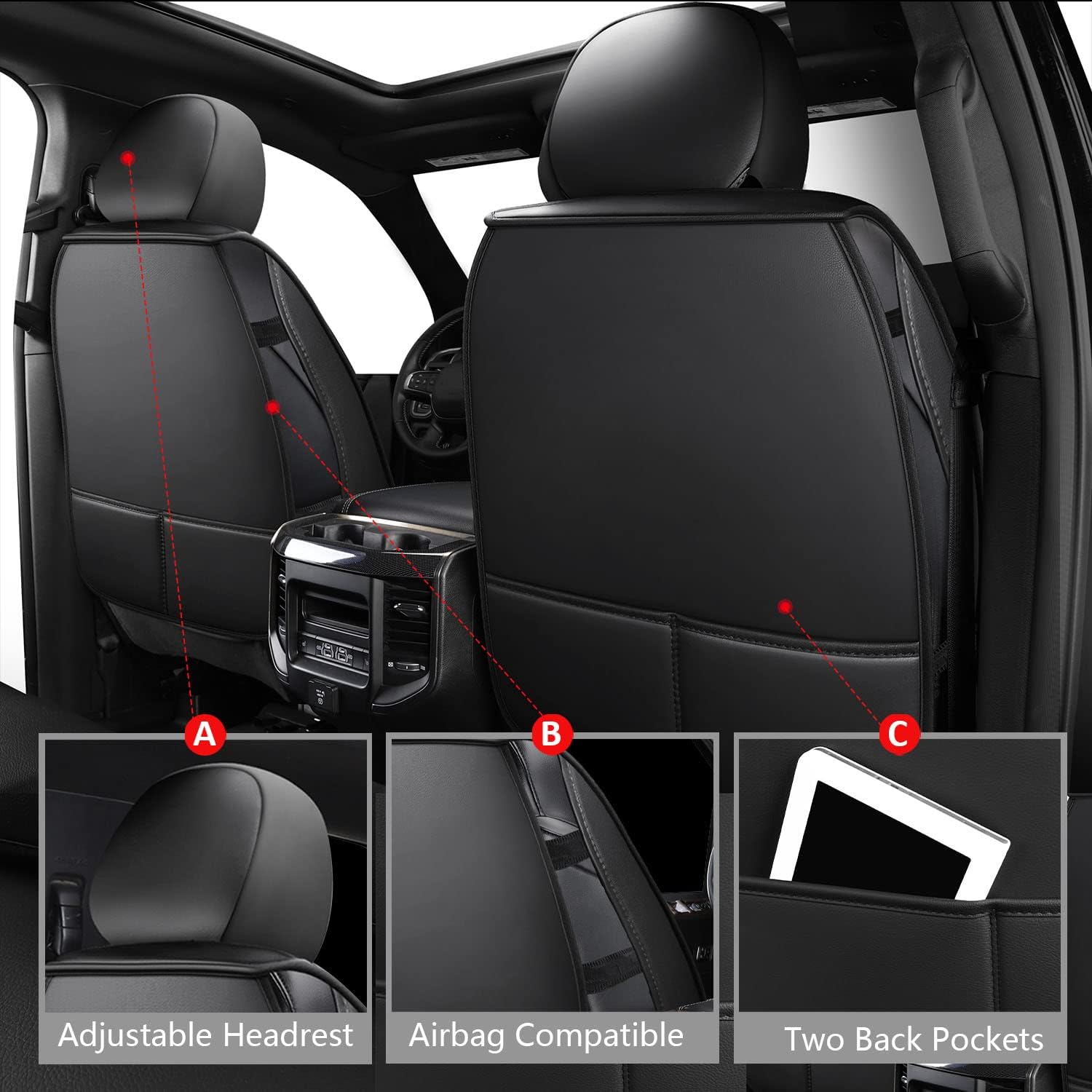MIROZO Dodge Ram Seat Covers Full Set,5PCS Car Seat Cover Waterproof Fits for 2009-2025 Ram 1500 2500 3500 Crew Quad Regular Cab Pickup Cushions with Split Bench 40/60(Black,Full Set Flat Back)