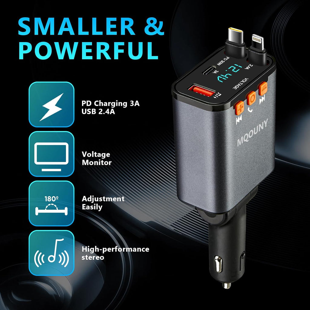 Retractable Car Charger,5 in 1 Fast Cars Phone Charger 60w,Bluetooth 5.3 FM Transmitter Adapter,Handsfree Call,MP3 Player,2 Retractable Cables and USB Chargers, for Phone,Galaxy,Pixel (Black)