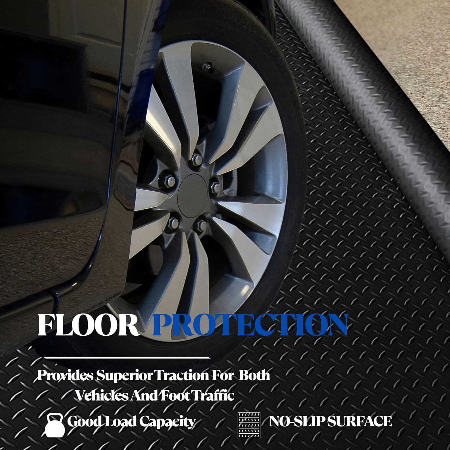 BESEA 4 x 6 FT Garage Floor Mat, Heavy Duty Diamond Plate Rubber Parking Mat – Waterproof, Oil-Resistant, Anti-Slip Flooring Roll for Under Car, Home Garage or Workshop,1/8" Thick