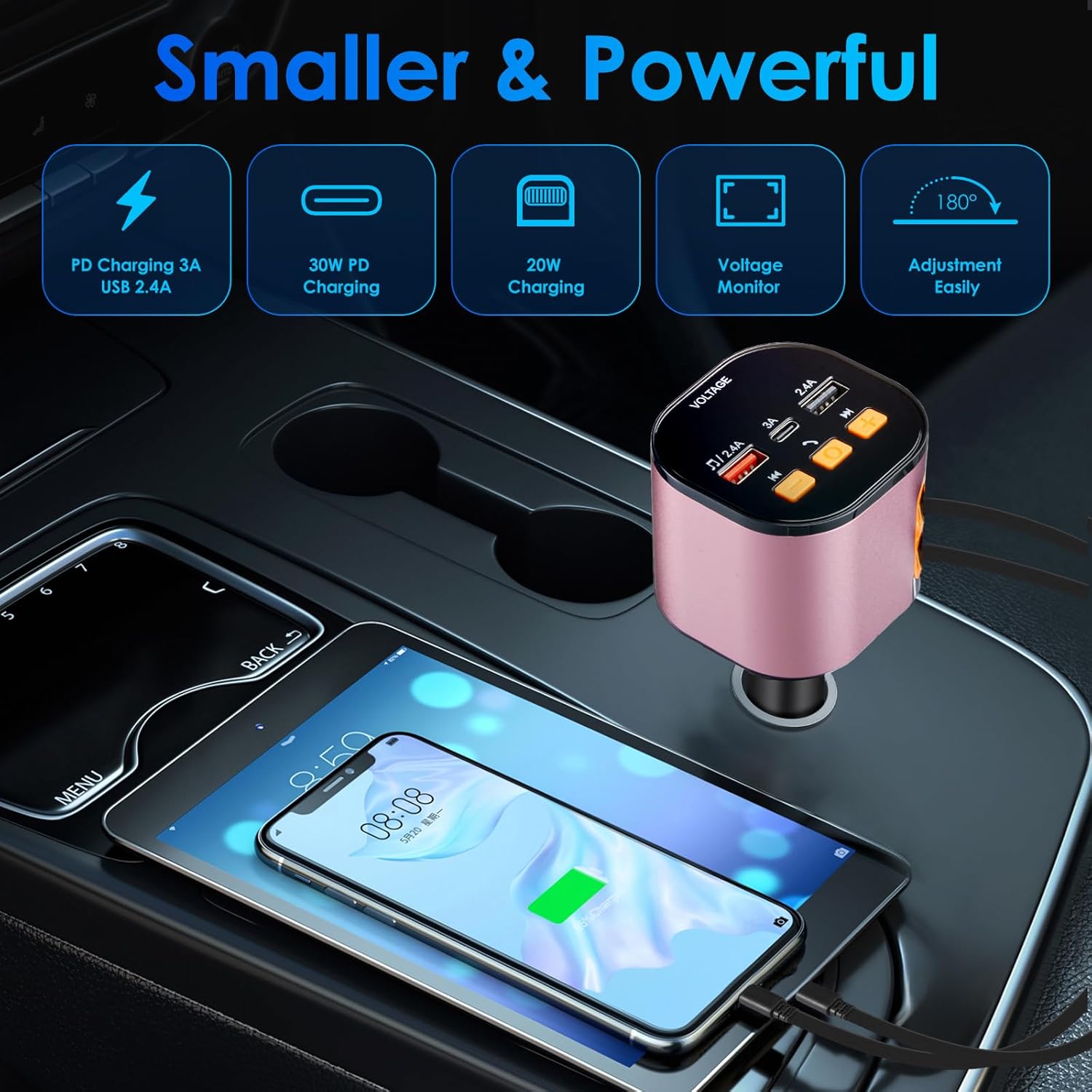 Retractable Car Charger,5 in 1 Fast Car Phone Charger 90W,Bluetooth 5.3 FM Transmitter Adapter,Handsfree Call,2 Retractable Cables and USB Cars Chargers for iPhone 15/14/13 (Pink)