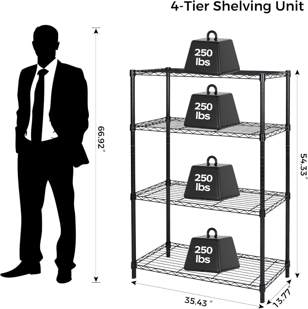 Homeiju 4 Tier Shelving Unit,Heavy-Duty Height Adjustable Storage Rack 1300 LBS Capacity with Adjustable Feet ,Metal Storage Shelves Wire Shelf for Kitchen Garage Laundry ,13.77"D x 35.43"W x 54.33"H