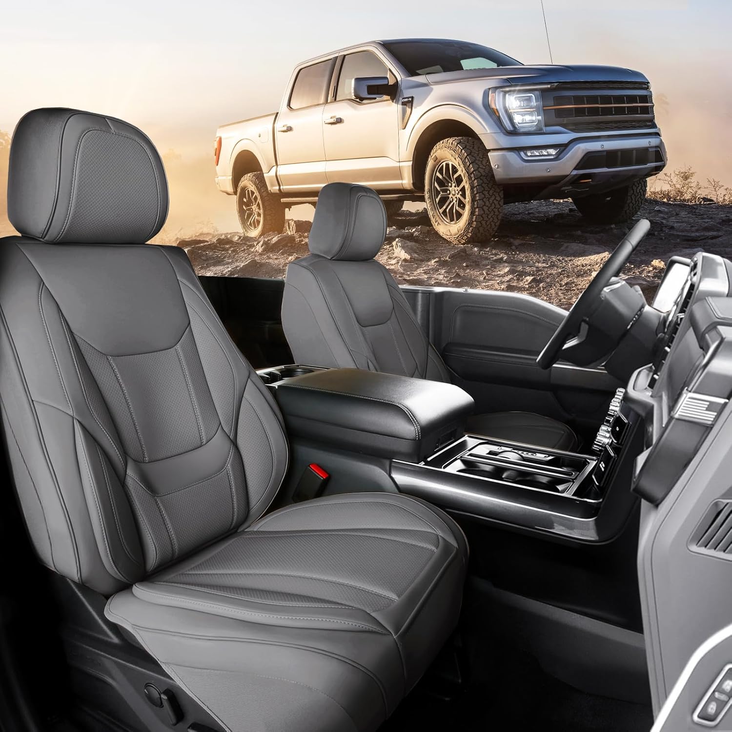 Coverland Custom Car Seat Covers Compatible with F150, Ram 1500 2500 3500, Tundra - Premium Leather Non-Slip Memory Foam Waterproof Interior Protector Front Seat-Dark Gray [See Size Chart-Size A25]