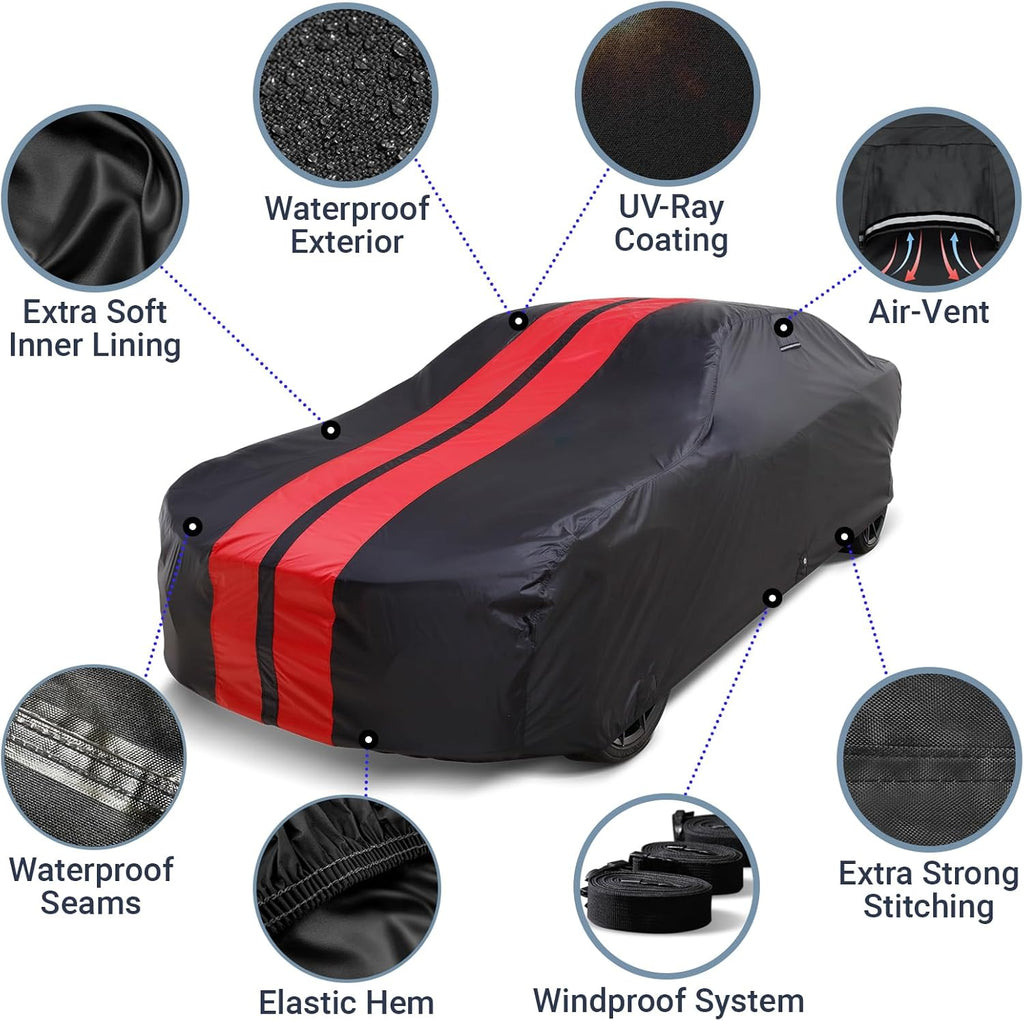 iCarCover Custom Car Cover for Buick Super Sedanette (1947-1949) Waterproof All-Weather Rain Snow UV Sun Protector Full Exterior Indoor Outdoor Car Cover (Stripe - Black/Red)