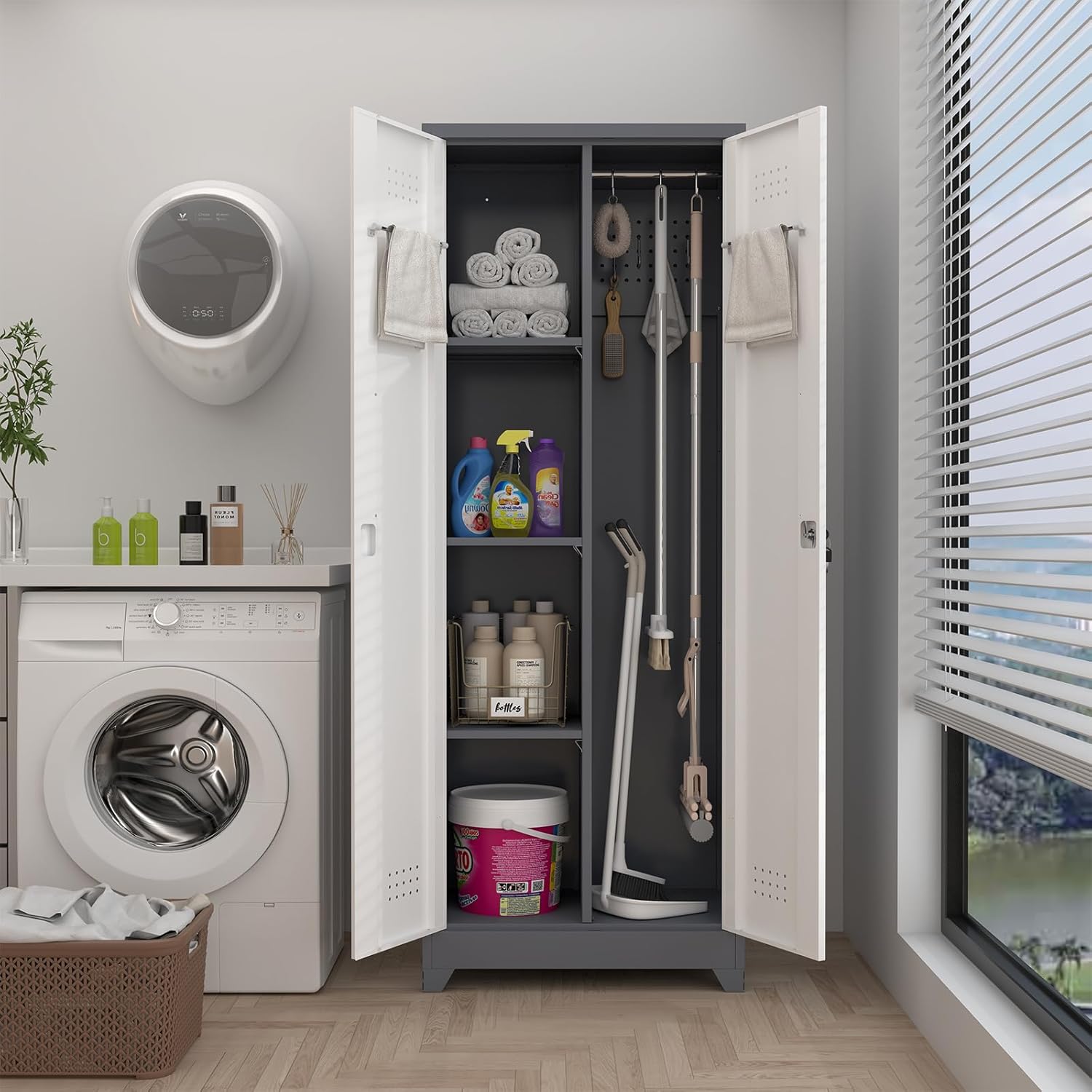 Metal Cabinets with Doors and Adjustable Shelves, 65" H Lockable Storage Cabinet, Grey-White Utility Cabinet for Brooms and Mops for Home,Kitchen,Garage