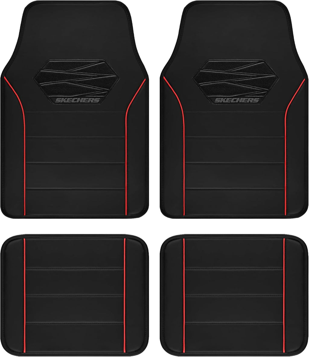 Skechers Memory Foam Car Mats,Leather Piping Floor Mats with Anti-Slip Pad,Universal Waterproof Fit Automotive Floor Mats for SUV,Vans,sedans,Trucks,Full Set 4pcs Red