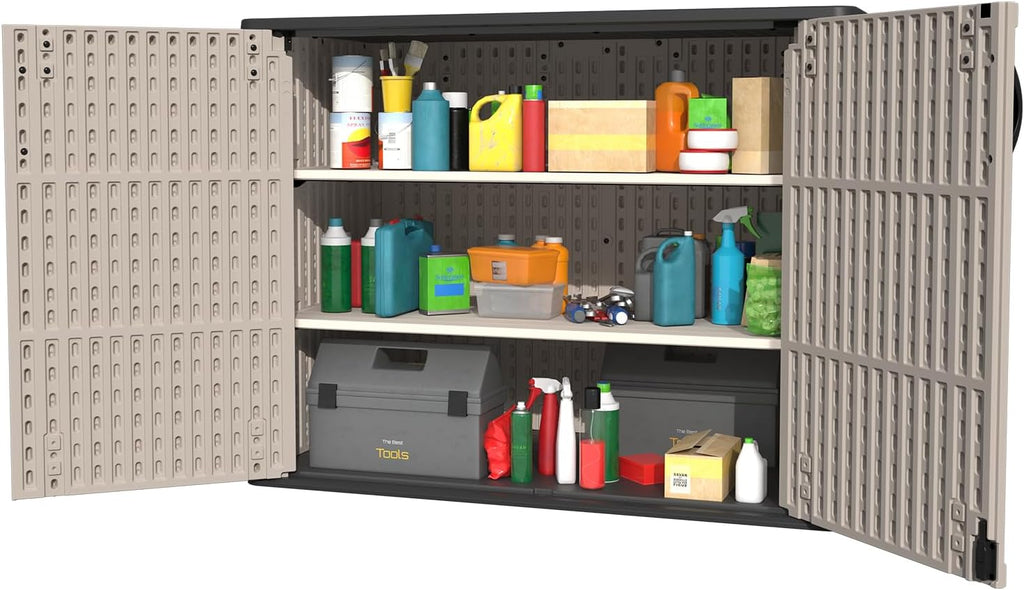 Patiowell Shelf of Plastic Outdoor Storage Cabinet, 26/50 Cu Ft Lockable Outdoor Storage Shed Waterproof Patio Tools Storage Box (2 Shelves),Beige