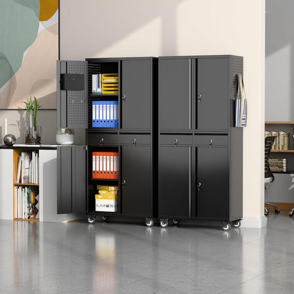 71" Metal Garage Storage Cabinet with 8 Hooks and Pegboards,2 Drawer Rolling Tool Storage with Locking Doors and Adjustable Shelves,Heavy Duty Steel Tool Cabinet for Garage, Warehouse