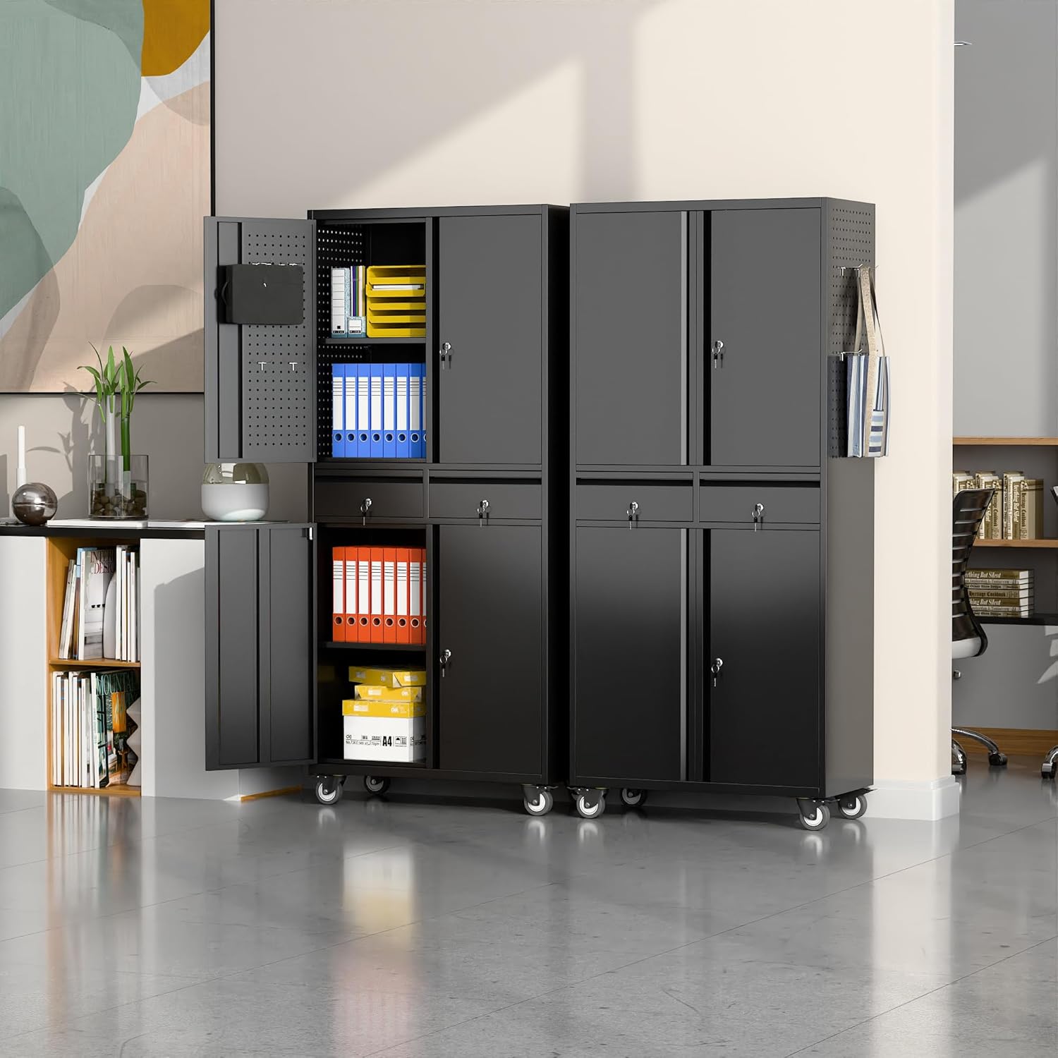 71" Metal Garage Storage Cabinet with 8 Hooks and Pegboards,2 Drawer Rolling Tool Storage with Locking Doors and Adjustable Shelves,Heavy Duty Steel Tool Cabinet for Garage, Warehouse