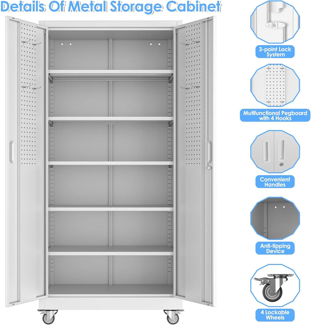 Garage Storage Cabinet with Pegboard and 5 Adjustable Shelves, 71'' x 32'' x 16''Metal Lockable Cabinet with Magnetic Doors,Tool Storage,Home Office Garage,Gym,School(White)
