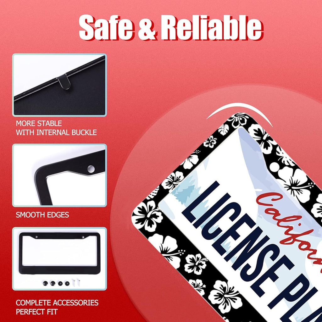 【2Pcs】 White Hibiscus Hawaii License Plate Frames Round Hole Personalise License Plate Frame Car Universal Accessories Stainless Steels Cars Decor Fits Standard US Vehicles Size: 12.2 x 6 Inches