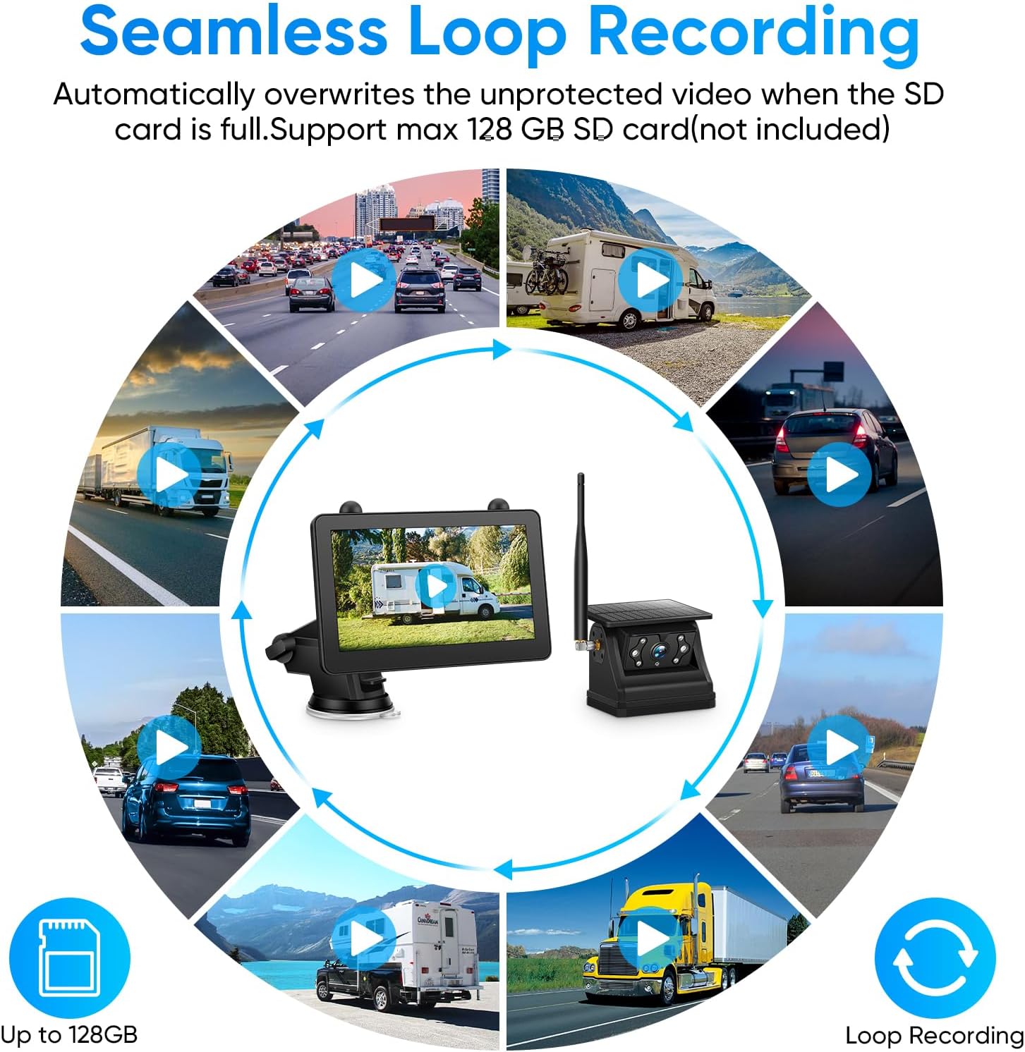 Magnetic Solar Wireless Backup Camera System with 7" IPS Touchscreen Monitor, 2K Rechargeable Auto On Off Rear View Camera with DVR Loop Recording for RV, Camper, Trailer, Trucks