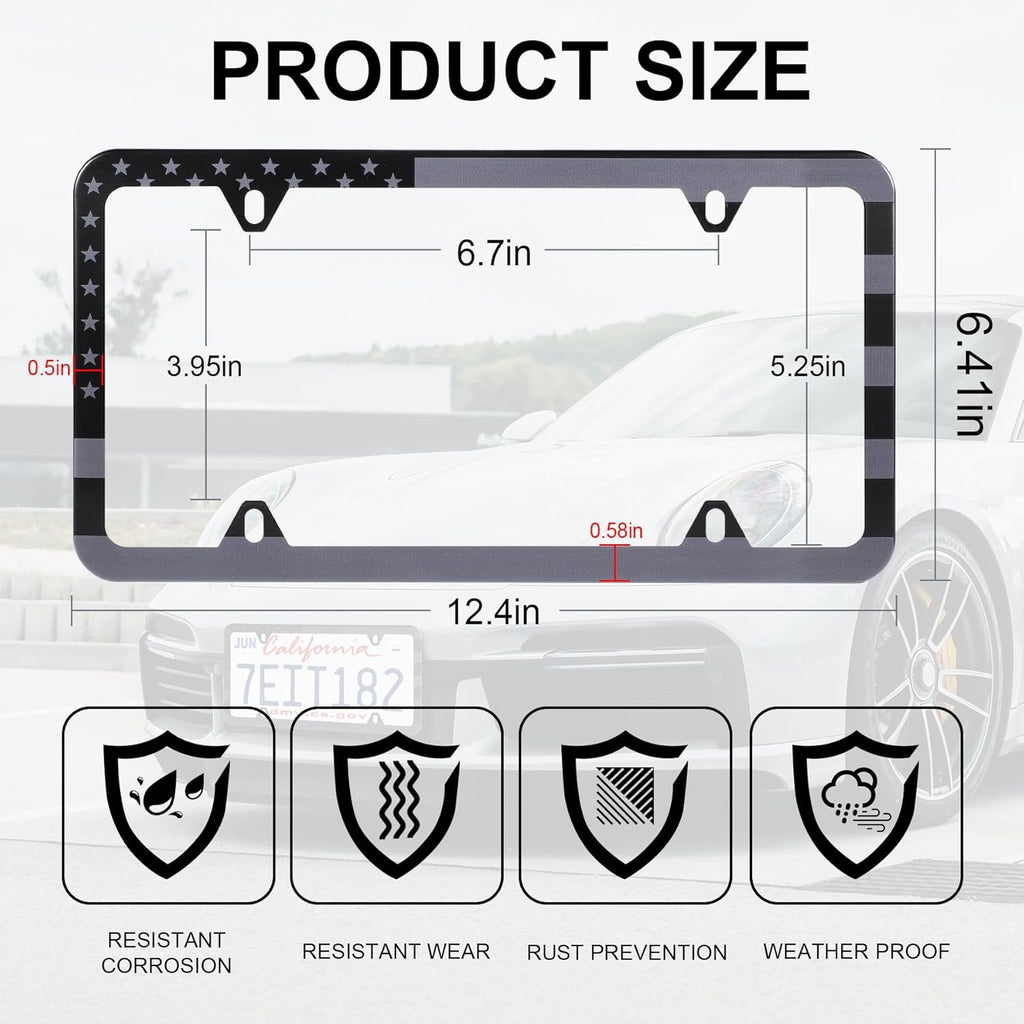 LivTee American Flag License Plate Frames, 4 Holes Stainless Steel License Plate Covers, 2PCS Car License Plate Holder, Automotive Exterior Accessories, Black-Gray