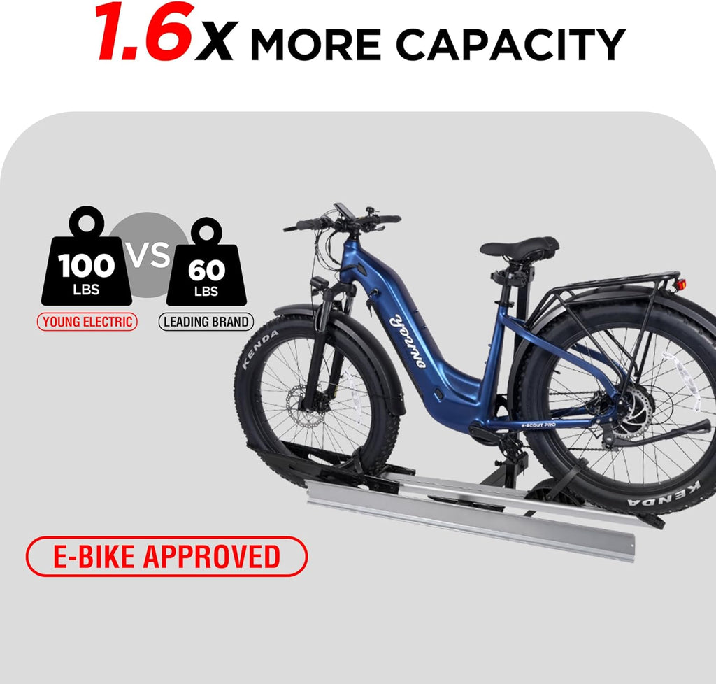 Young Hitch Single 1 Bike Rack with Ramp,100 lbs Capacity E-Bike Carrier Rack for Cars Trucks SUVs Minivans RV, Trailer, Mount Platform Style, Fits Up to 5’’ Fat Tire Bicycle for 2 inch Receiver