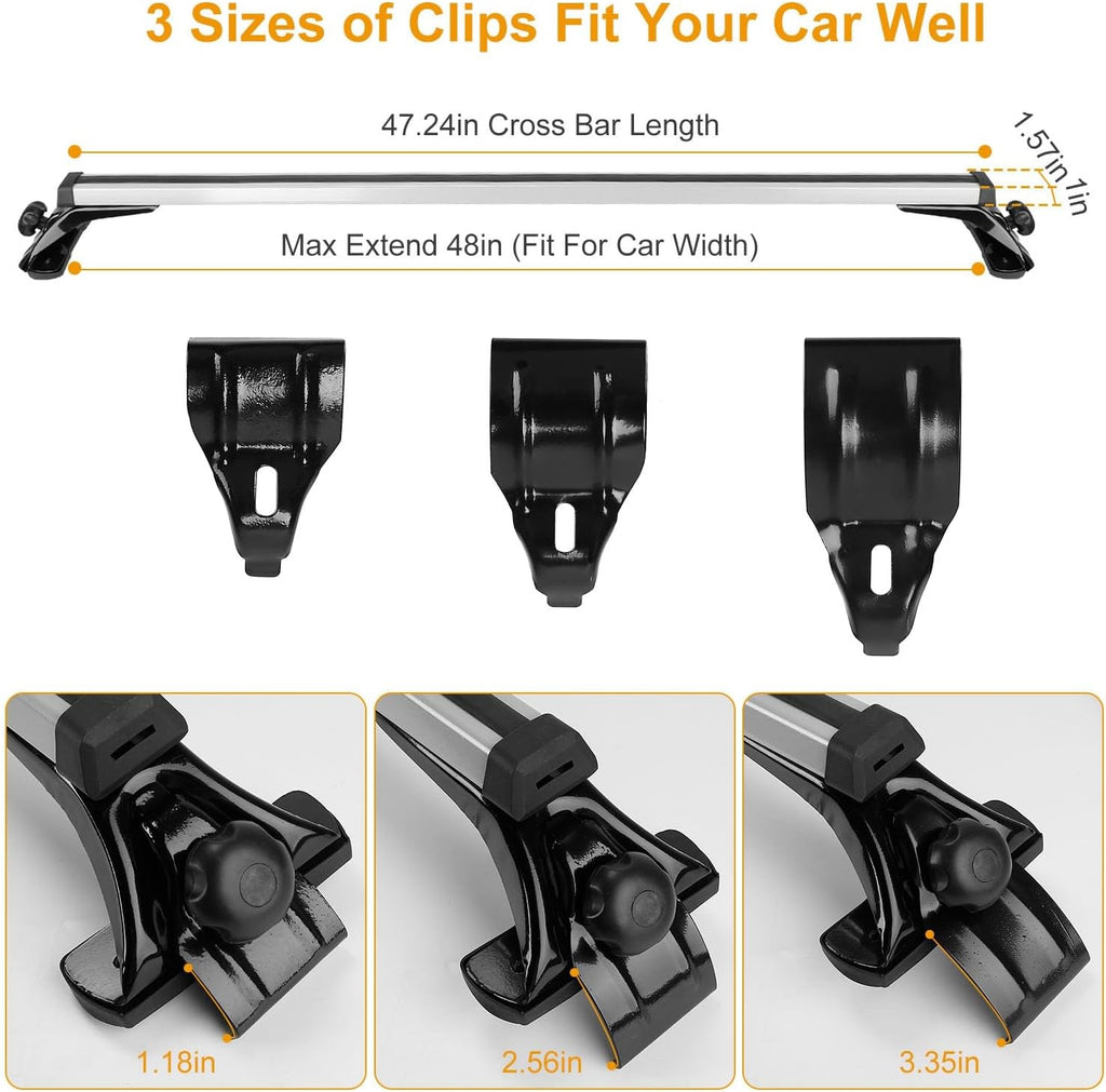 2Pcs Universal Roof Rack Cross Bars，47.24” Aluminum Cross Bars with 165LBS Capacity，Lightweight Car Roof Rack Cross Bars for Most Car Without Roof Side Rail for Bike Kayak Cargo Luggage