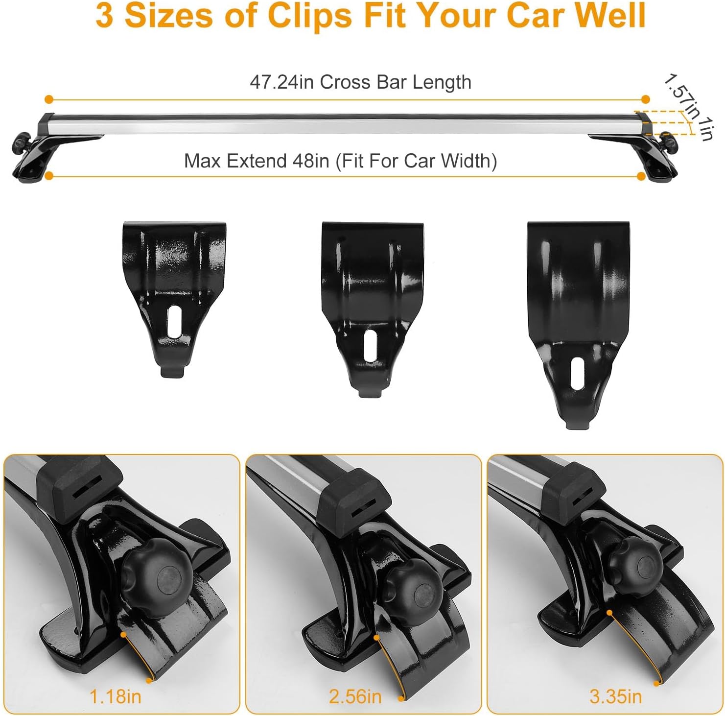2Pcs Universal Roof Rack Cross Bars，47.24” Aluminum Cross Bars with 165LBS Capacity，Lightweight Car Roof Rack Cross Bars for Most Car Without Roof Side Rail for Bike Kayak Cargo Luggage