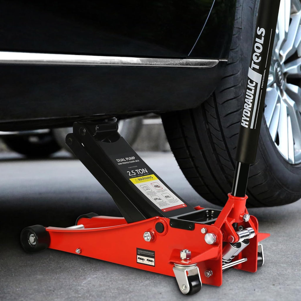 2.5 Ton Low Profile Floor Jack - Heavy Duty With Dual Piston Quick Lift Pump, Steel Car Jack Adjustable Height 3.5"-19.5", Hydraulic Trolley 5000 LBS Capacity, Red