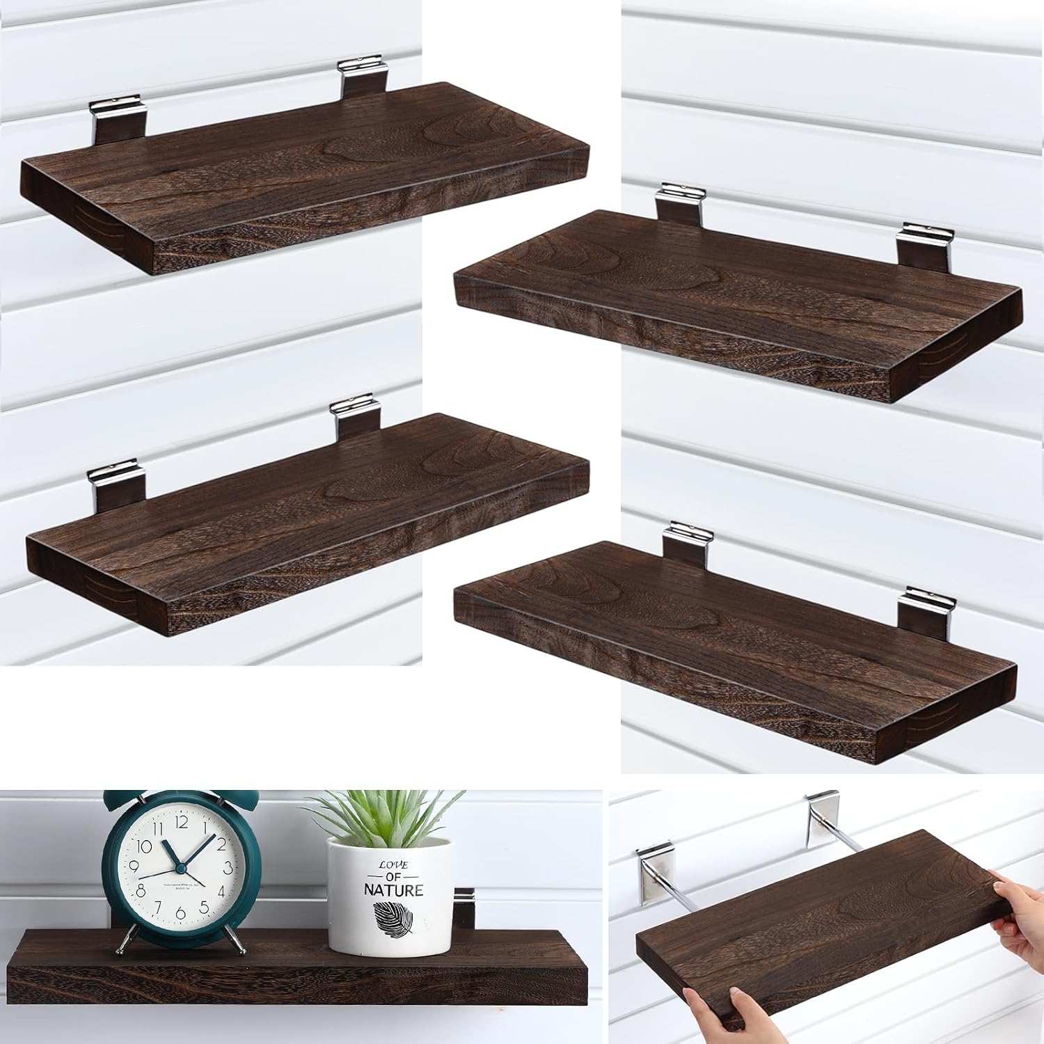 4 Pack Wooden Slatwall Shelf, 16.1" D x 6.7" W x 1.1" H Slatwall Shelves with Metal Hooks Organizer Set Mounted Accessories for Garage Home Workshop Workbench (Brown)
