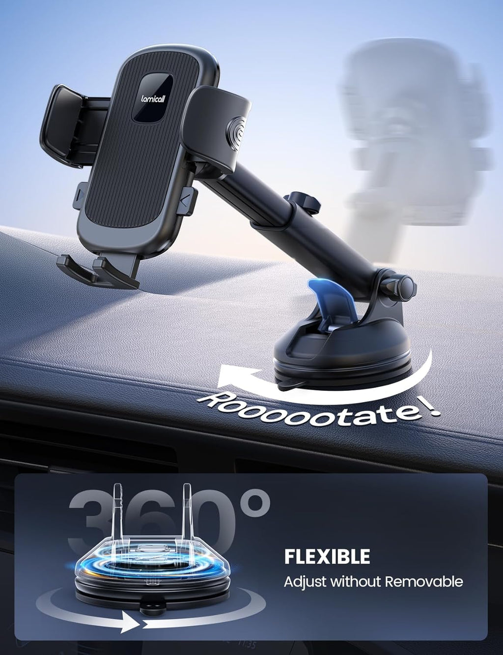 Lamicall Car Phone Holder Mount [3-in-1 Military-Grade Suction Cup] 360° Rotation Phone Holders for Your Car [Metal Hook] Cell Phone Car Mount Dashboard Vent Windshield for iPhone 16 All Smartphone