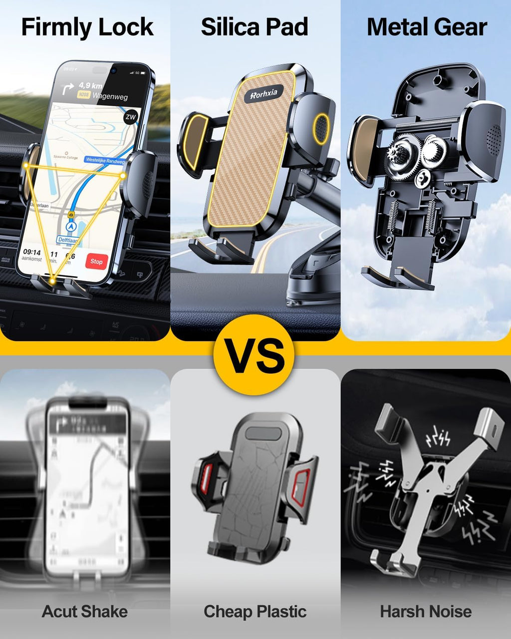 3-in-1 Phone Mount for Car [Most Stable and Flexible Suction Cup] Vent Dashboard Windshield Cell Phone Holder Car Fit for iPhone 15 14 13 12 Pro Max Samsung S23 S22 S21 All Phone, Gold