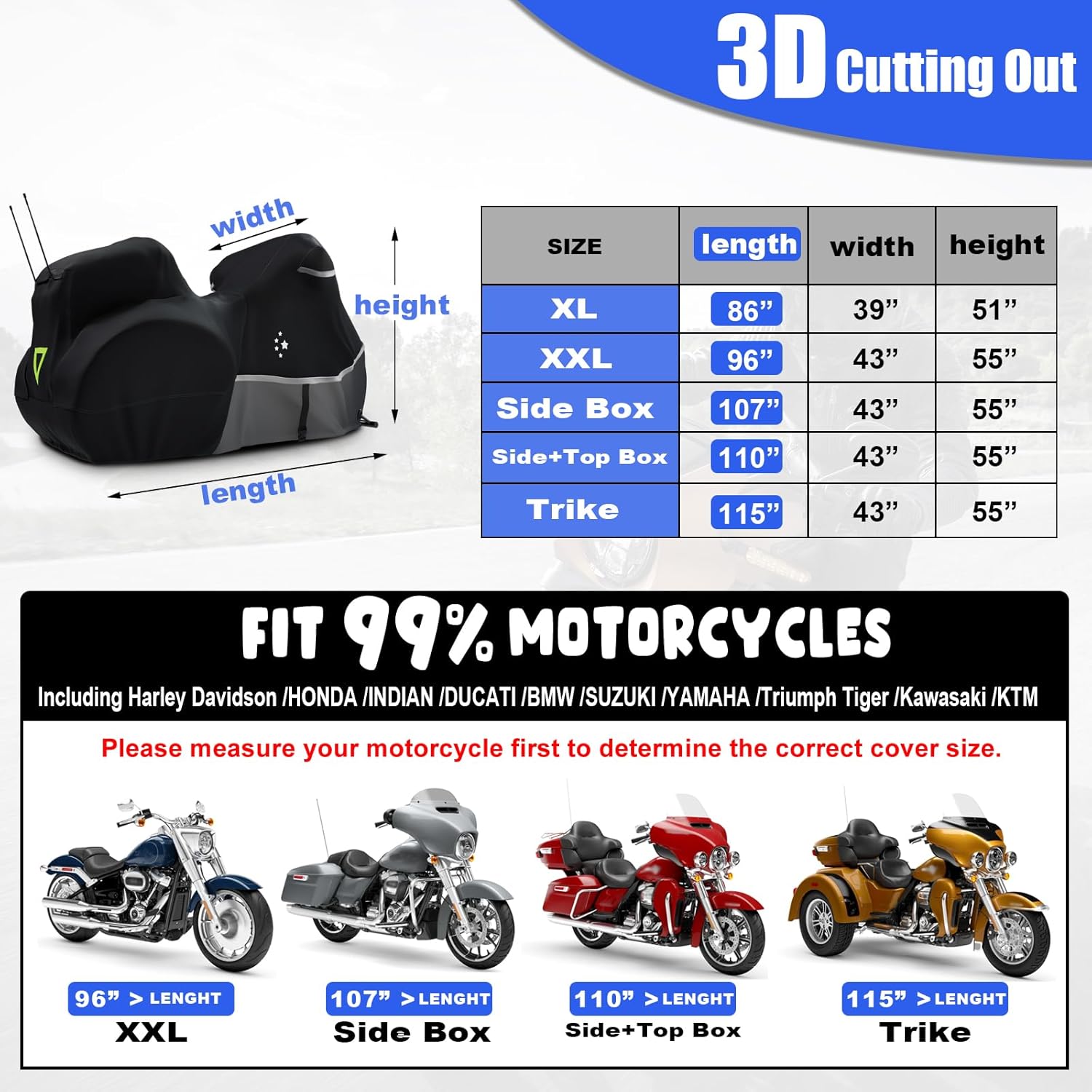 Motorcycle Cover with Side+Top Box Heavy Duty 420D Waterproof for Touring Models Harley Davidson Ultra Limited,Road Glide Limited, Gold Wing,Road Master,Indoor & Outdoor Storage Black