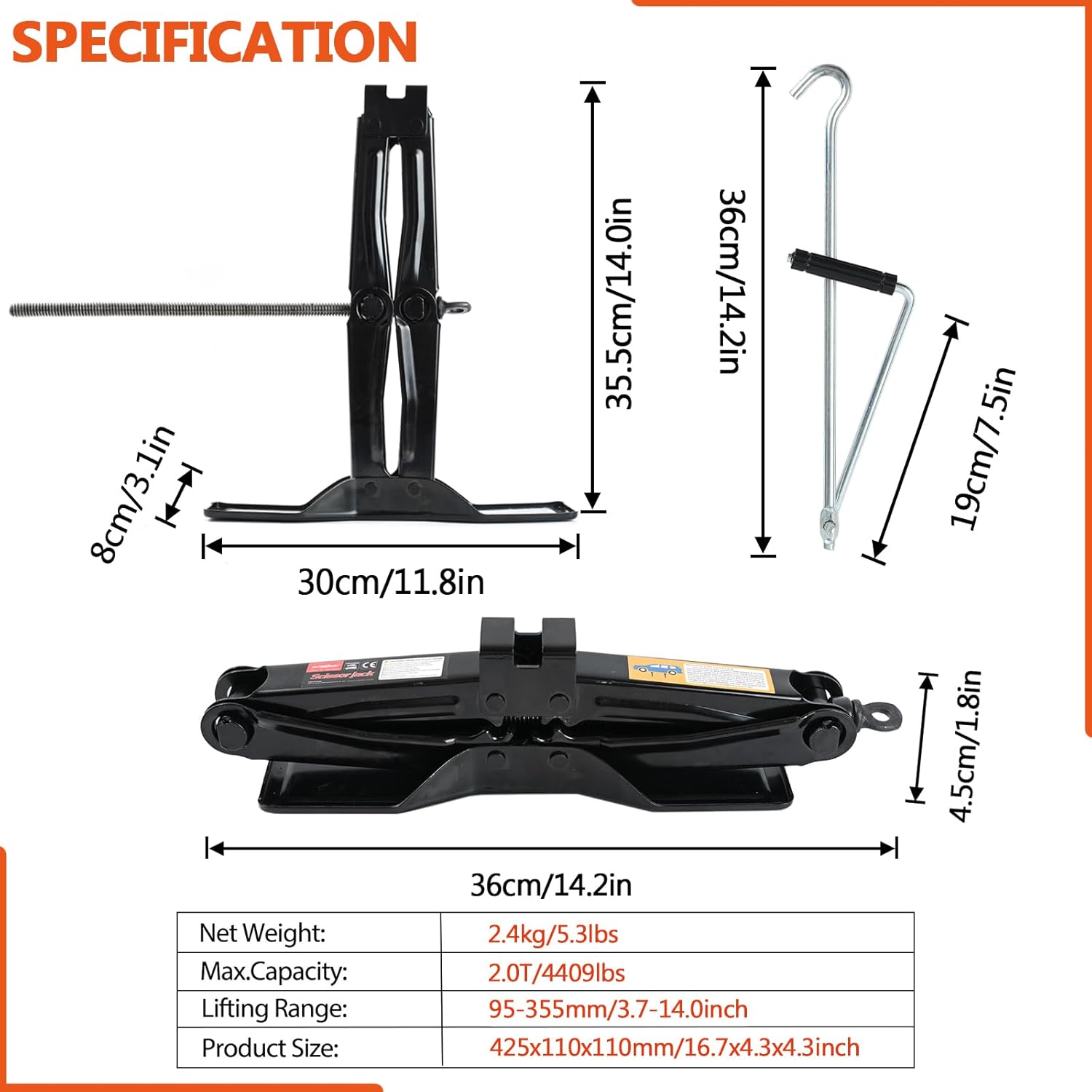 Car Jack Kit Scissor Jack for Car-2Ton(4409lbs),Portable Jack Tire Change Kit Deal for SUV Auto with Crank Handle,Heavy Duty Steel,Black