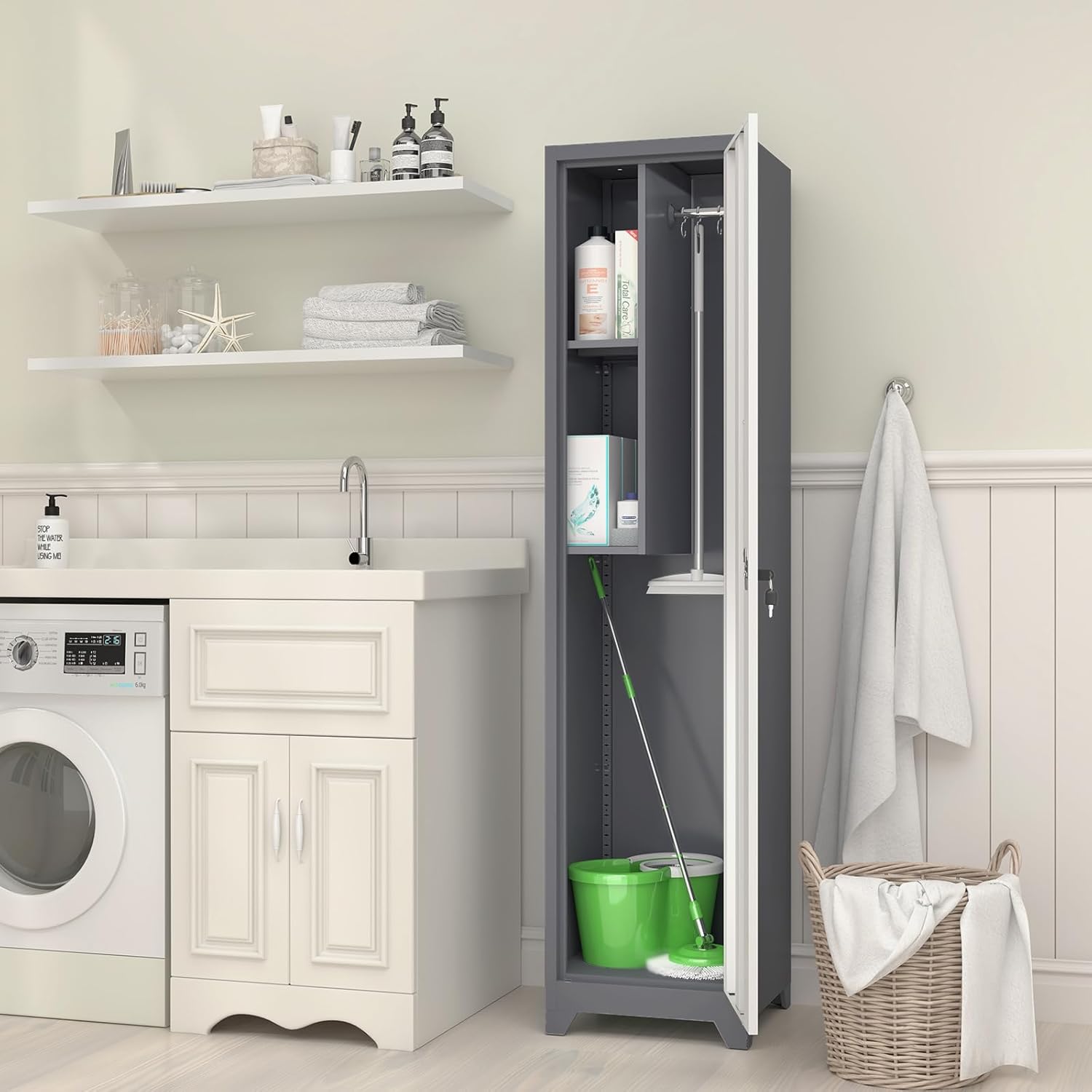 GREATMEET Slim Lockable Garage Storage Cabinet, Narrow Broom Storage Closet, 65" Metal Cleaning Tool Cabinet with Lock and Door,Utility Cabinets for Brooms and Mops for Laundry Room, White&Grey
