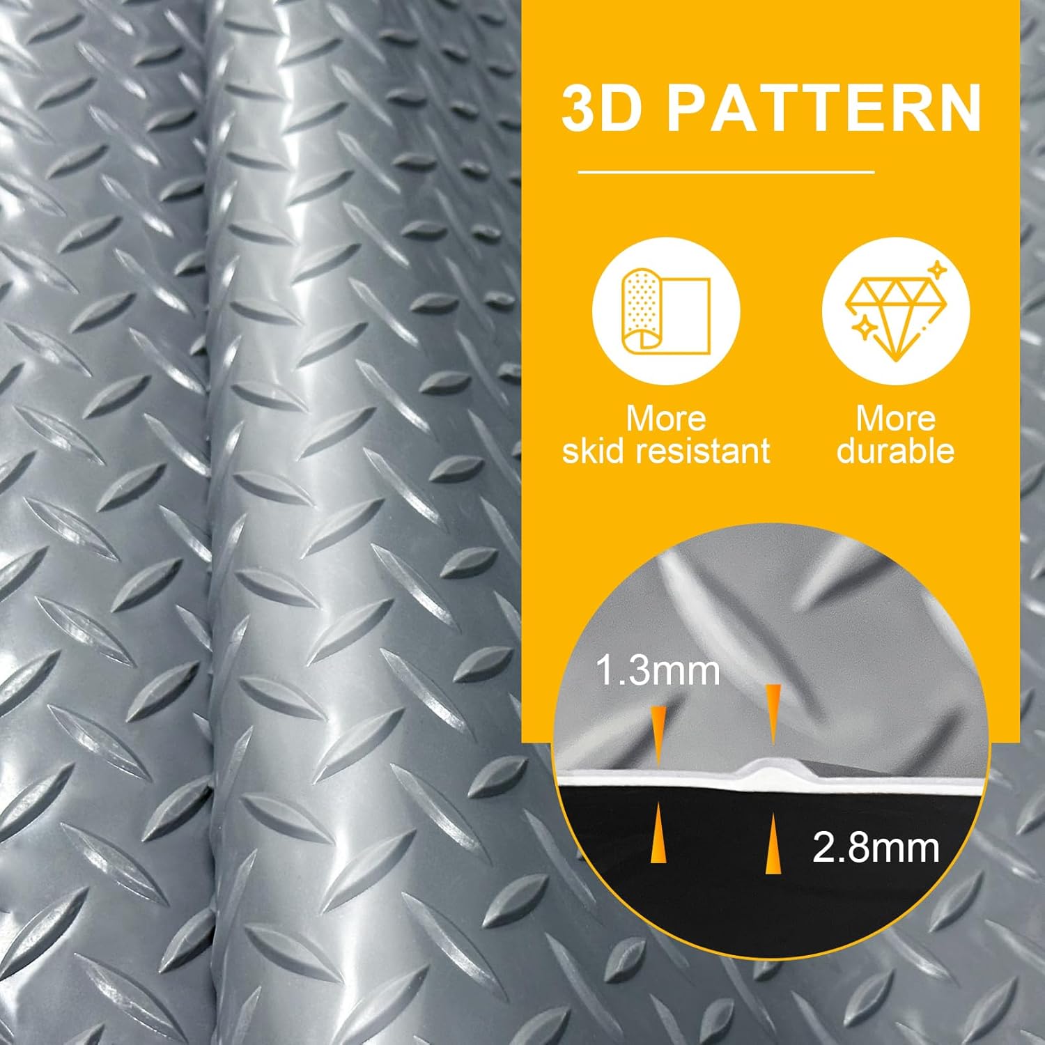 4x8FT Garage Floor Mat, 2.8mm Thickened Flooring Roll for Under Car, Golf Cart Parking Mat, Diamond Plate PVC Rubber Motorcycle Mat, Non-Slip Floor Protector for Garage Warehouse Trailer, Grey