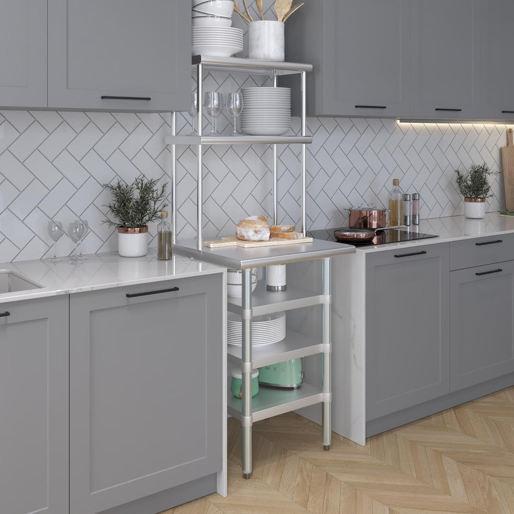 Amgood 24" x 24" Stainless Steel Work Table with 3 Shelves and 12" Wide Double Tier Overshelf | Metal Kitchen Prep Table & Shelving Combo | NSF