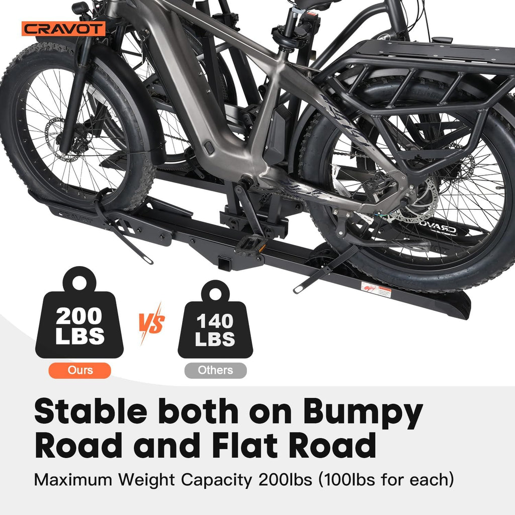 CyberRack E2 Ebike Rack, 200 lbs Capacity Foldable Bike Racks for Tow Hitch Heavy Electric Bike Carrier for 2 E-Bike, Up to 5-inch Fat Tire 2'' Receiver