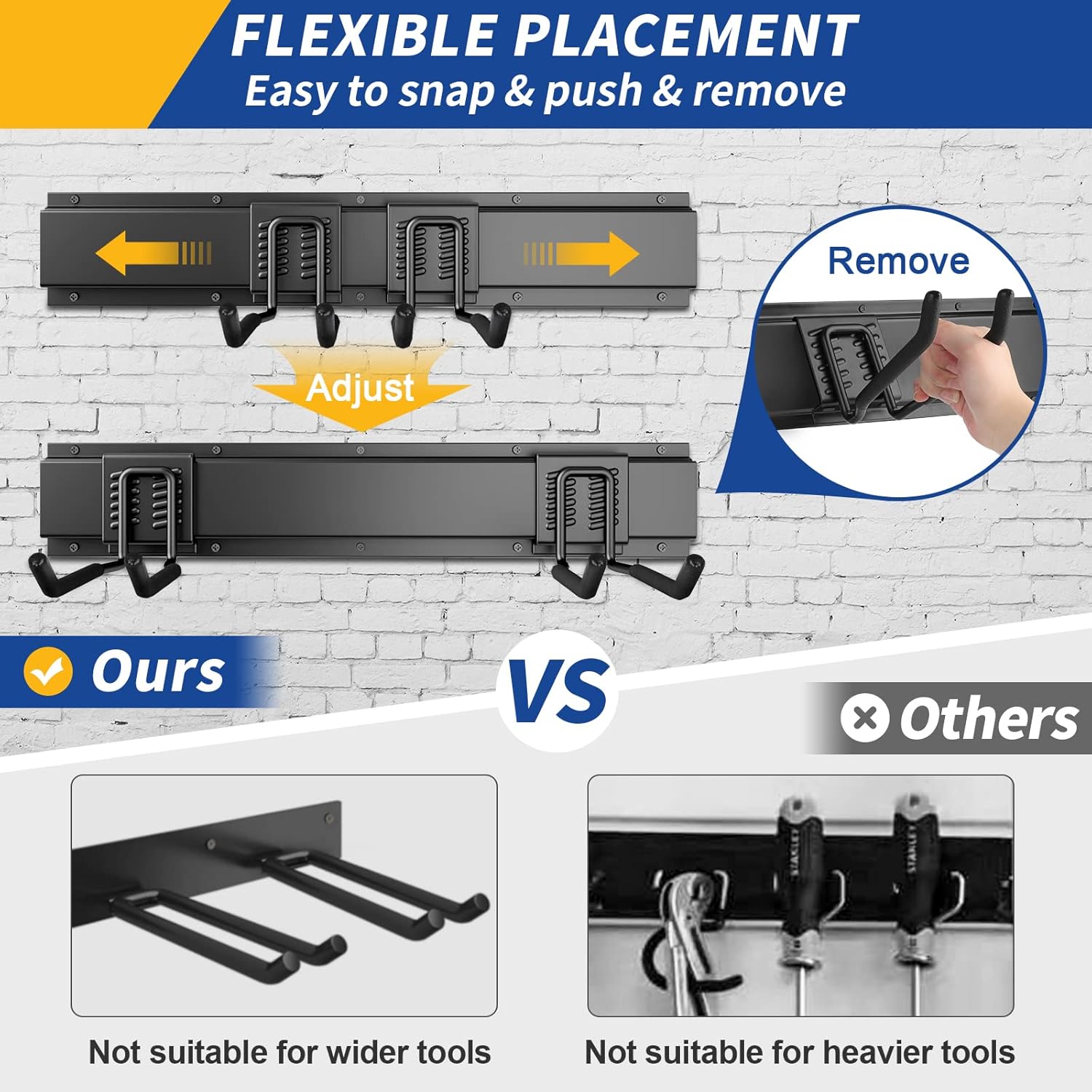 32 Inches Garage Storage, Garage Organization, Wall Mount Garden Tool Organizer, Max 300lbs Adjustable Metal Hooks, Yard Shed Hanging Rack, Heavy Duty Shelving for Rake Broom Mop Snowboard