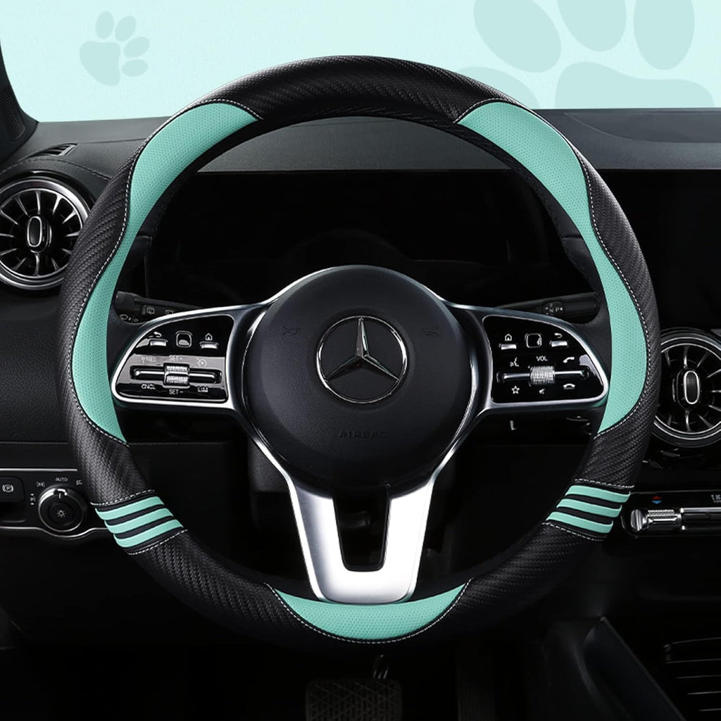 Car Steering Wheel Covers for Women Padded Carbon Fiber PU Leather Cute Auto Interior Accessories for Vehicle, Sedan, Universal, Anti Slip, Green, Standard Size 14.5-15"(37-38cm)