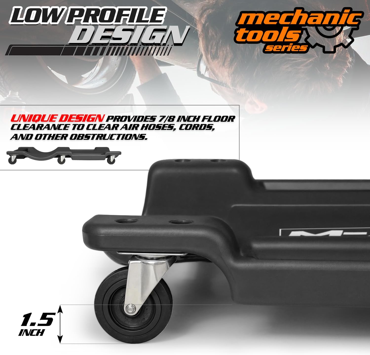 M-AUTO Mechanic Roller Creeper with Padded Headrest, Dual Tool Trays Rolling Creeper for Garage Shop Auto Work Repair, 40" Light Weight Mechanic Cart, Black
