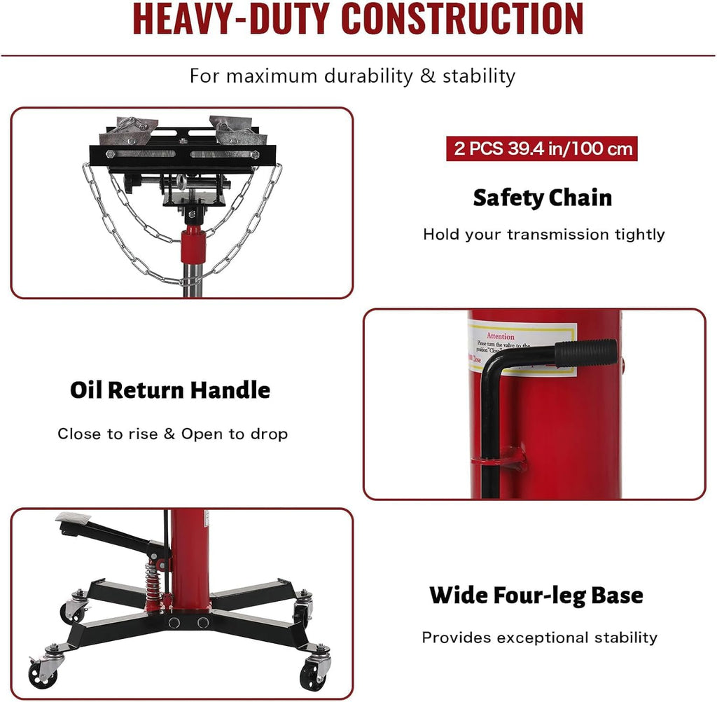 Transmission Jack 1100 LBS Hydraulic Telescoping 2-Stage Lift Jack Stand 33.8"-72.8" High Lift Transmission Jacks with Foot Pedal & 360° Swivel Wheels for for Garage/Workshop Car and Truck Repairs
