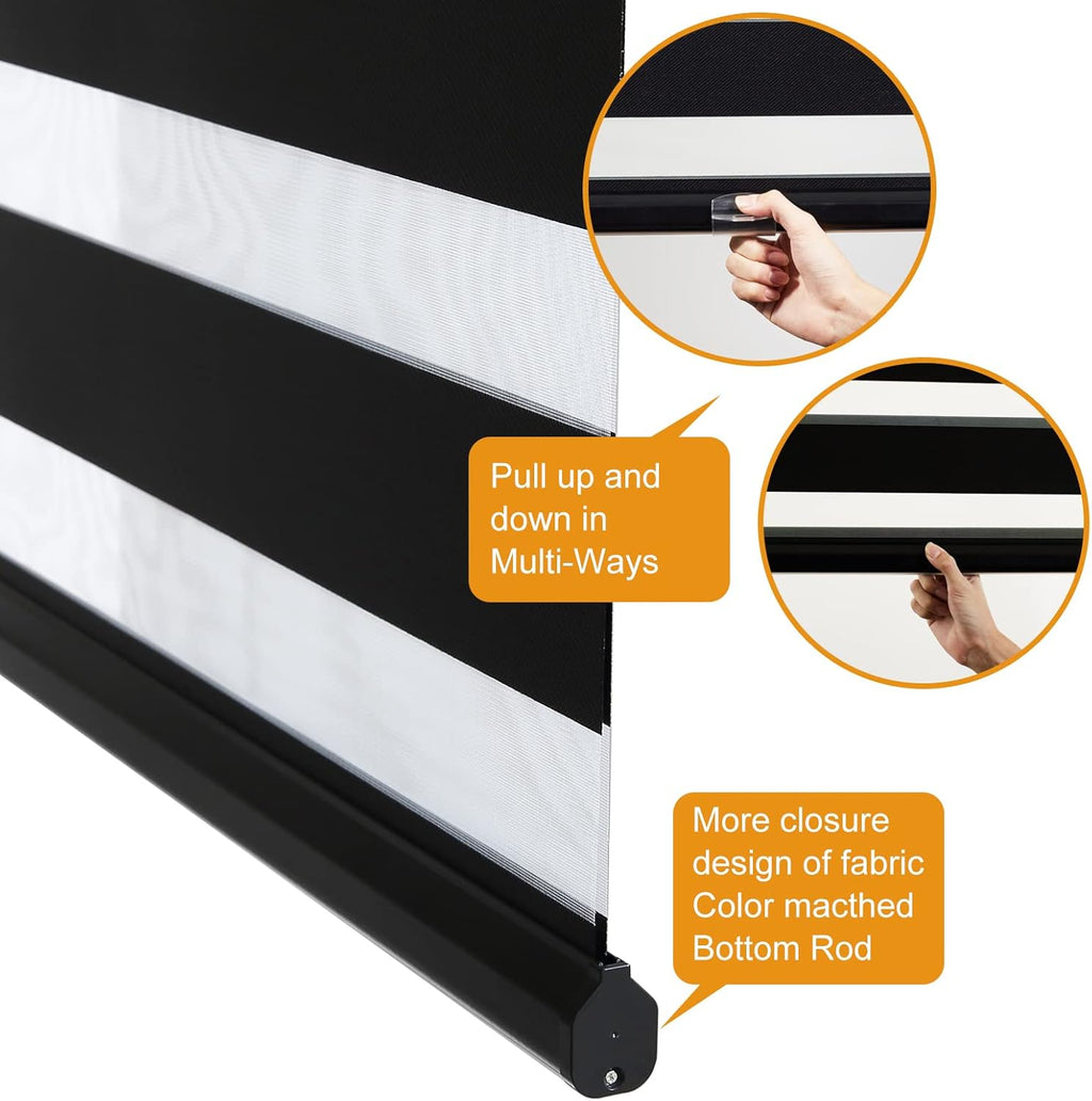 Persilux Custom Size Cordless Zebra Blinds for Windows Free-Stop Roller Windows Shades Dual Layer Light Control for Day and Night, Light Filtering Sheer Shades for Home and Bedroom Black