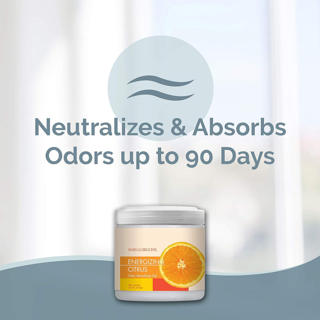 SMELLS BEGONE Air Freshener Odor Absorber Gel - 15 oz, Pack of 2 - Absorbs and Eliminates Odor in Pet Areas, Bathrooms, Cars, & Boats - Made with Essential Oils - Energizing Citrus Scent