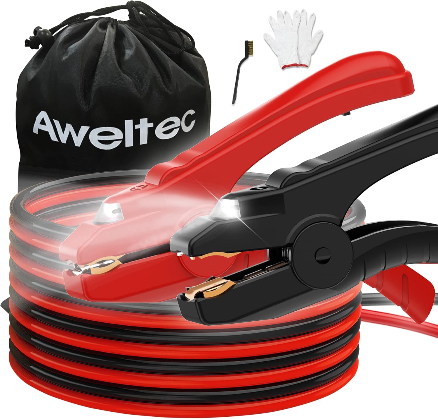Jumper Cables with LED Light - 6 Gauge 16 Feet Battery Heavy Duty Booster Cables (6AWG x 16Ft) with Carrying Bag, Safety Gloves and Iron Brush